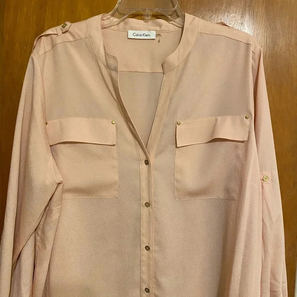 Calvin Klein Peach Tunic with Chest Pockets Rolled up Sleeves,  Women’s Size L - Picture 3 of 8